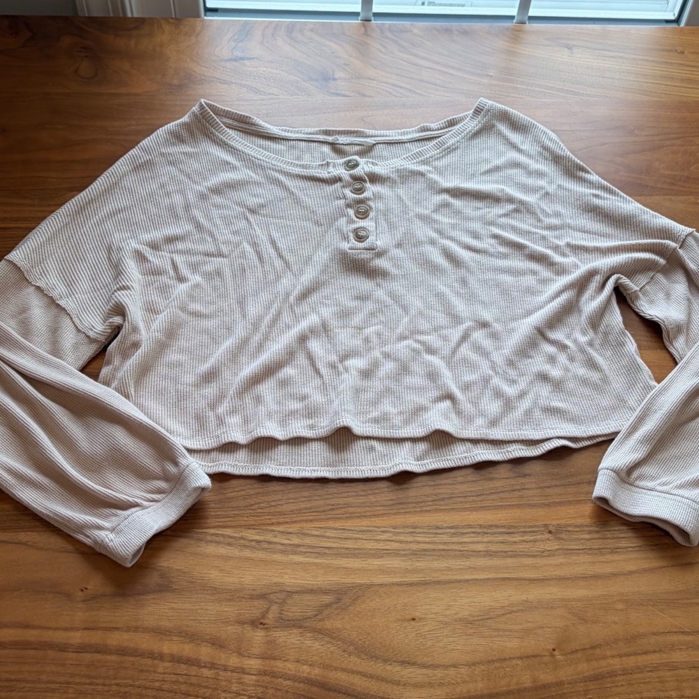 Sophie Rue Henley Top Womens Medium Beige Waffle Knit Crop Long Sleeve Casual - Picture 3 of 8